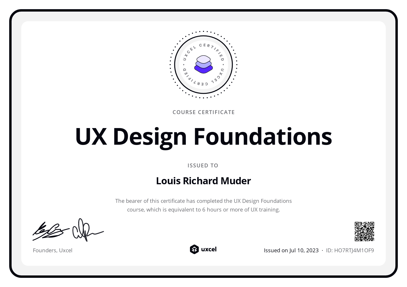 Louis Richard Muder's certificate